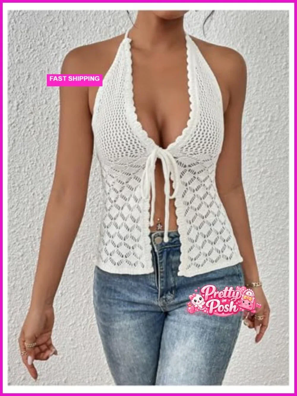 Crochet Tie Front Halter Neck Crop Camisole Swimsuit Cover Up